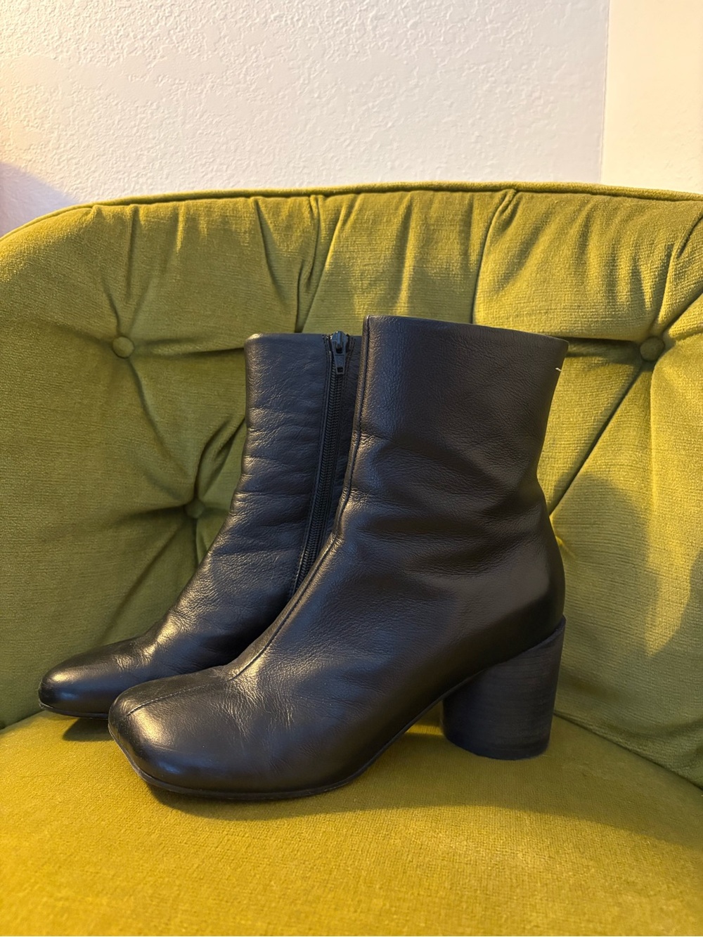 Classic Black Leather Block Heel Ankle Boots